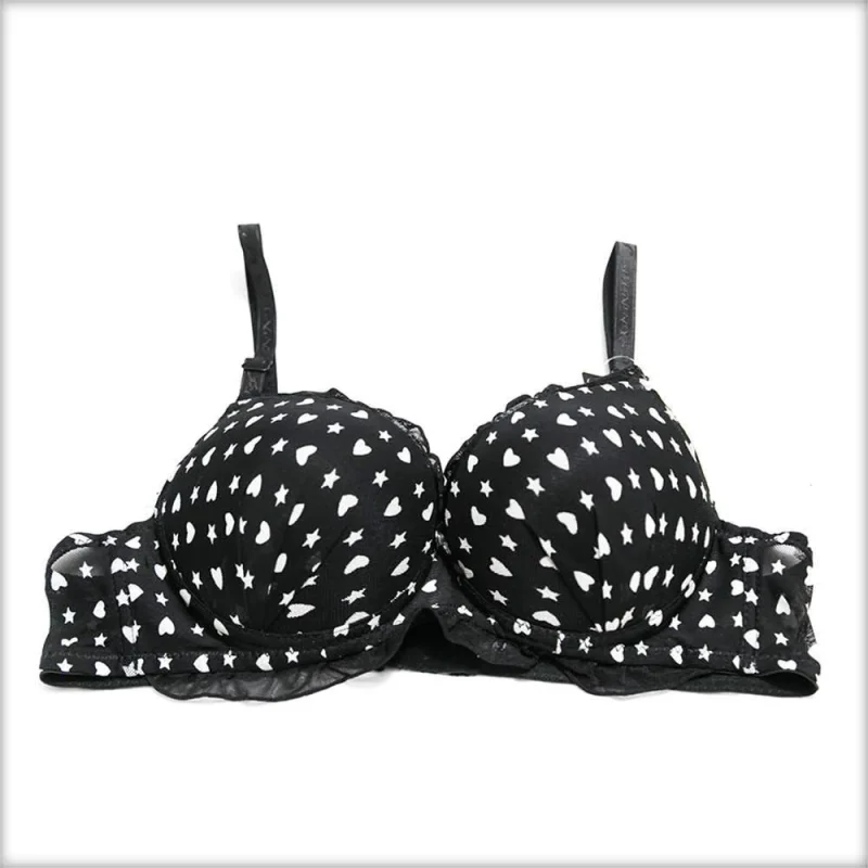 White Heart Double Padded Black Bra